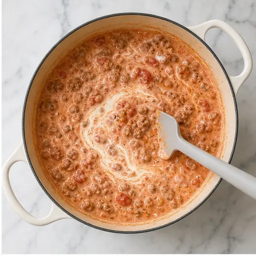 Step 2: Adding crushed tomatoes and cream to the sauce