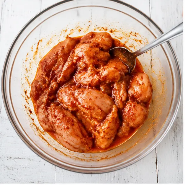 Step 1: Marinate chopped chicken in lime and spices