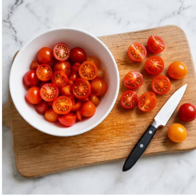 Step 2: Halving cherry tomatoes