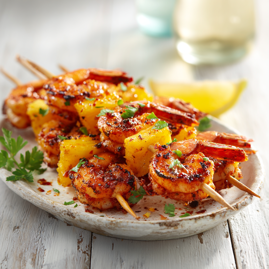 sweet and spicy pineapple shrimp skewers
