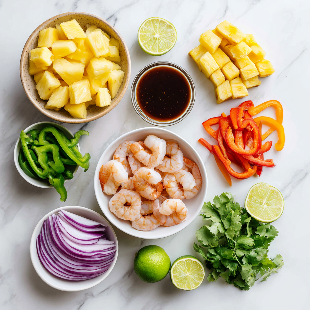 sweet and spicy pineapple shrimp skewers - main ingredients