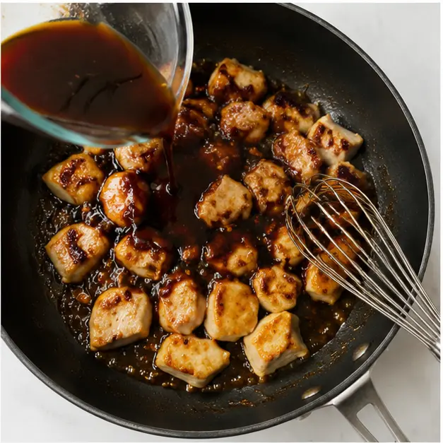 Step 3: Pour in the sauce and let it thicken