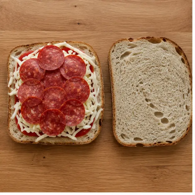 Step 1: Assemble bread with tomato sauce, mozzarella, and pepperoni