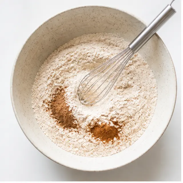 Whisking dry ingredients in a mixing bowl
