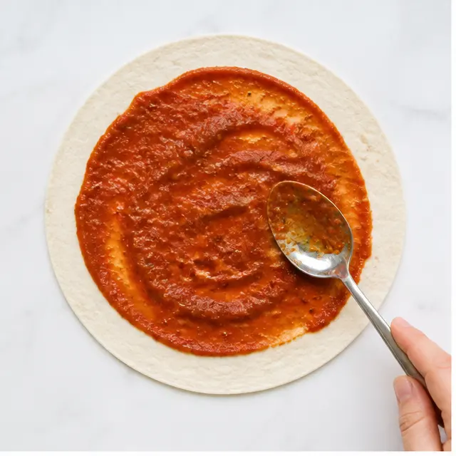 Step 1: Spreading pizza sauce over a flour tortilla