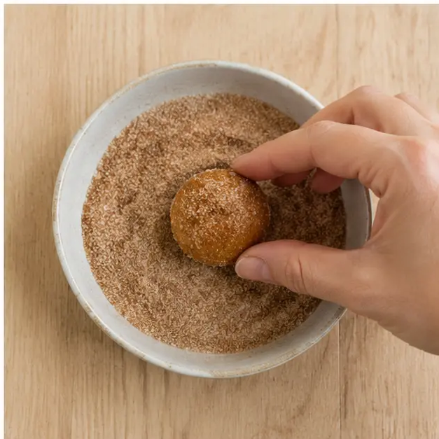 Step 4: Rolling warm buttered donut holes in cinnamon sugar