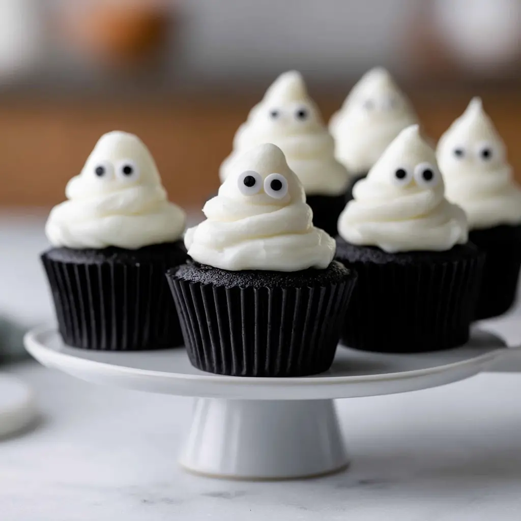 black cocoa ghost cupcakes - final presentation