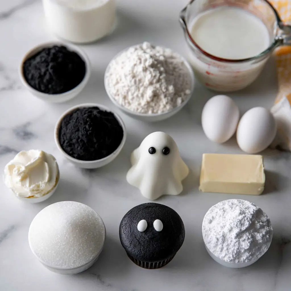 black cocoa ghost cupcakes - main ingredients