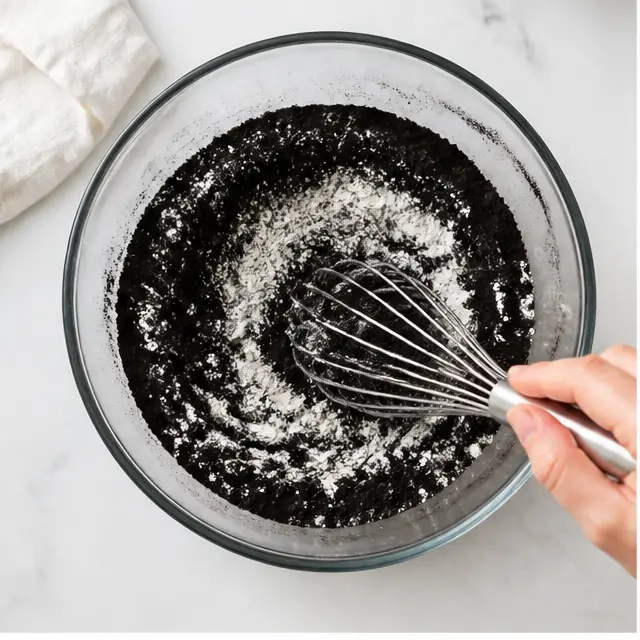 Step 1: Whisking dry ingredients including black cocoa powder and cake flour