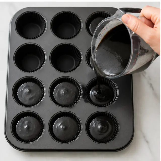 Step 3: Pouring the thin black cupcake batter into black paper liners