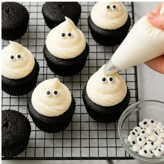 Step 4: Piping white cream cheese ghost swirls onto cooled cupcakes