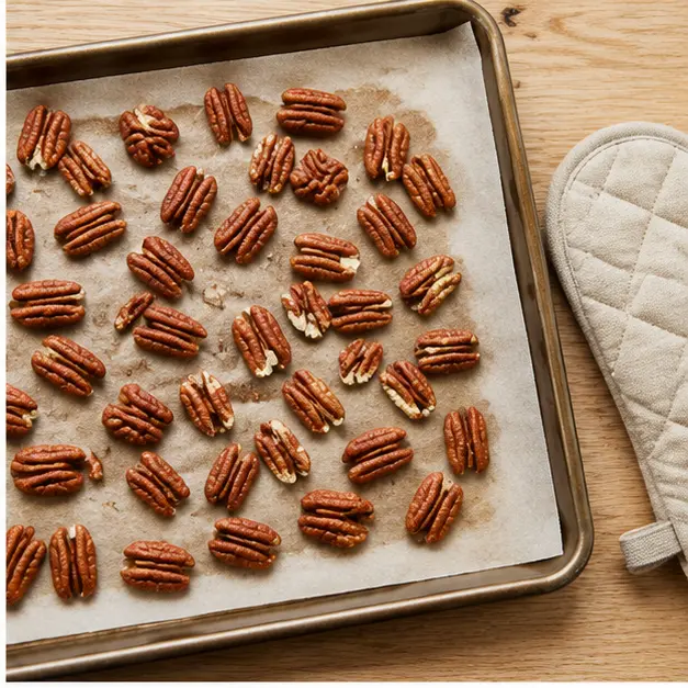 Step 2: Toasting pecans on a parchment-lined baking sheet at 350°F