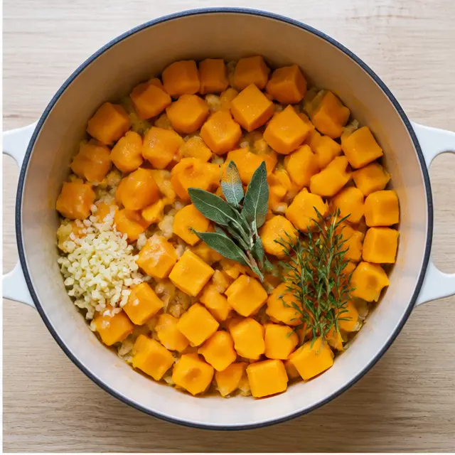 Add cubed butternut squash with garlic, sage, rosemary, and ginger