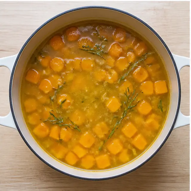 Pour in vegetable broth and simmer until squash is fork-tender