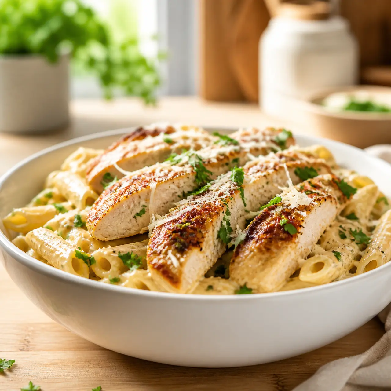 cajun garlic parmesan chicken penne - final presentation