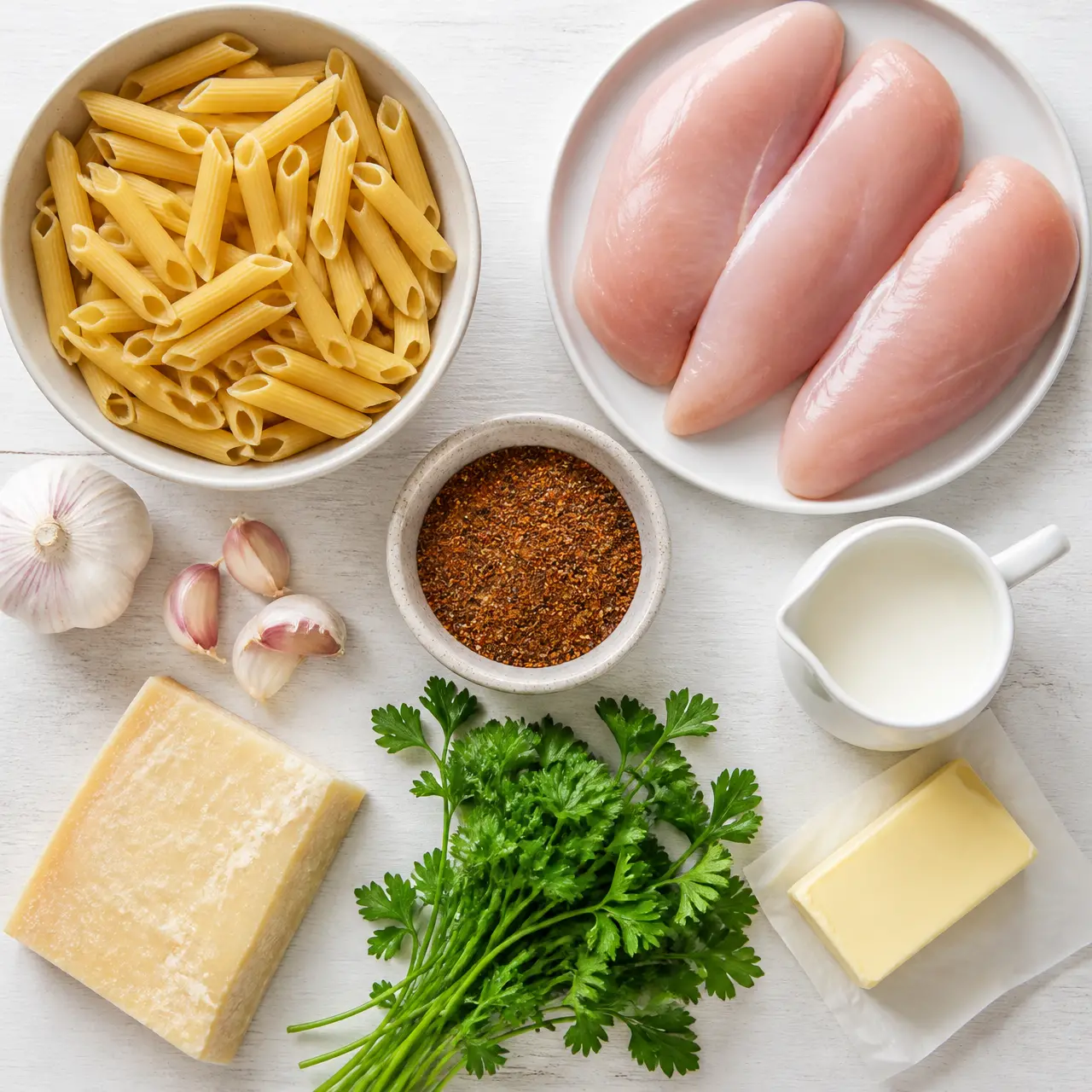 cajun garlic parmesan chicken penne - main ingredients