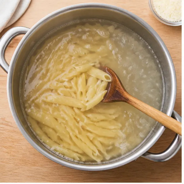 Step 1: Boiling penne pasta in a pot of salted water