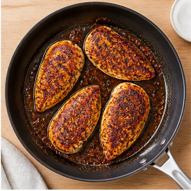 Step 2: Searing seasoned chicken fillets until golden brown in a skillet