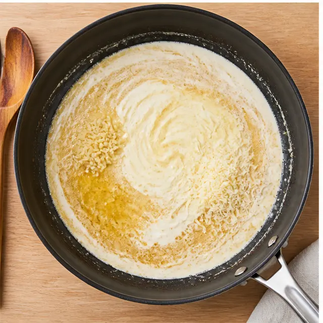 Step 3: Simmering garlic parmesan cream sauce until glossy and thick
