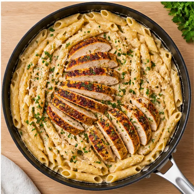 Step 4: Tossing penne in the sauce and topping with sliced chicken and parsley