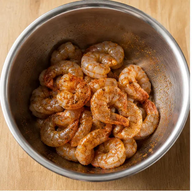 Step 1: Seasoning raw shrimp with Cajun seasoning and olive oil in a bowl