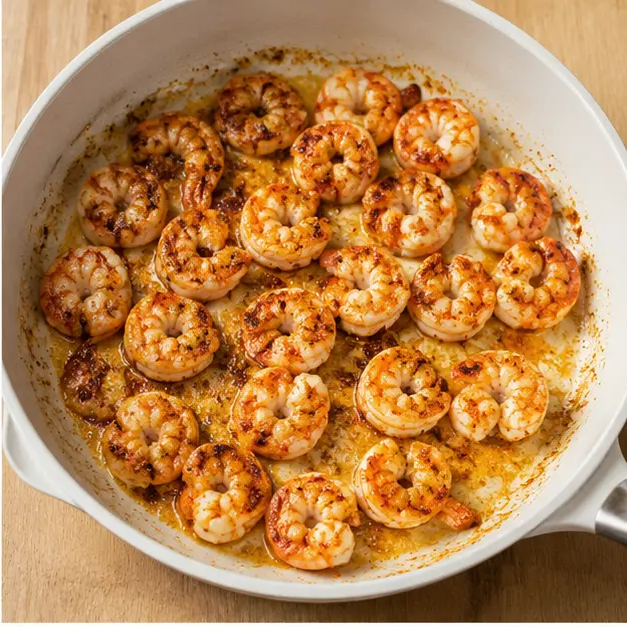 Step 2: Searing seasoned shrimp in butter until golden on both sides