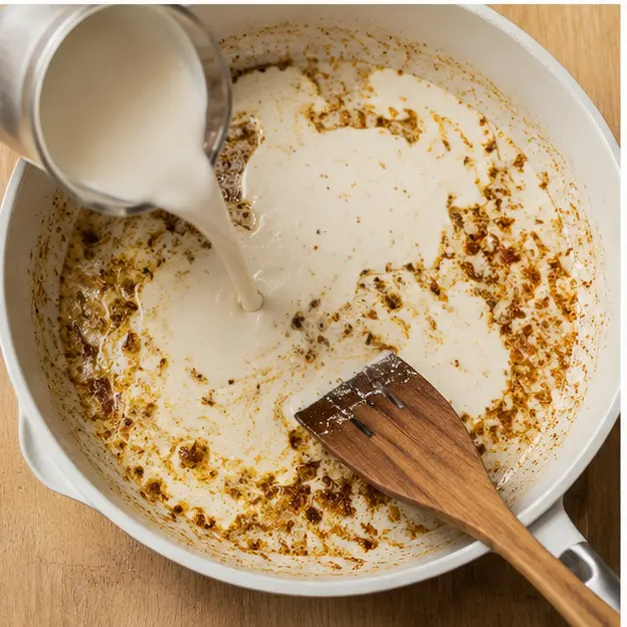 Step 3: Pouring cream into the skillet and scraping browned bits for the sauce