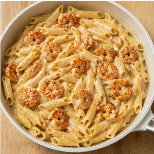 Step 4: Tossing cooked penne and shrimp into the glossy parmesan sauce