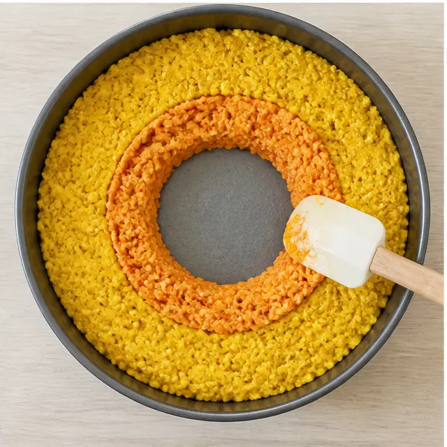 Press the yellow mixture into a ring in the pan and add the orange layer