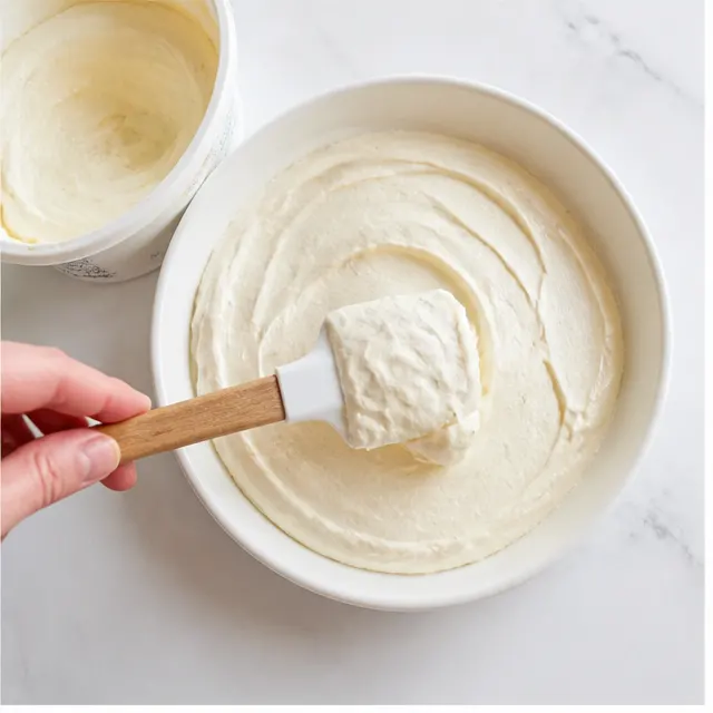 Step 1: Scoop the smooth no-bake cheesecake filling into a wide shallow serving bowl and spread it into an even layer with a spatula until silky and level.