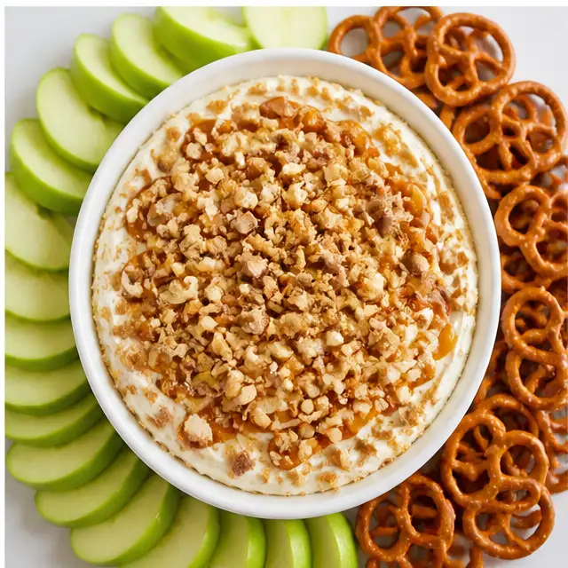 Step 4: Chill the assembled caramel apple cheesecake dip for 15 minutes to let the layers set, then serve with fresh apple slices and pretzels.