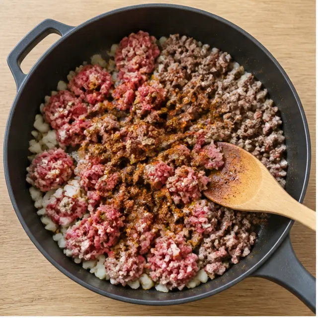 Browning seasoned ground beef with chopped onion in a large skillet