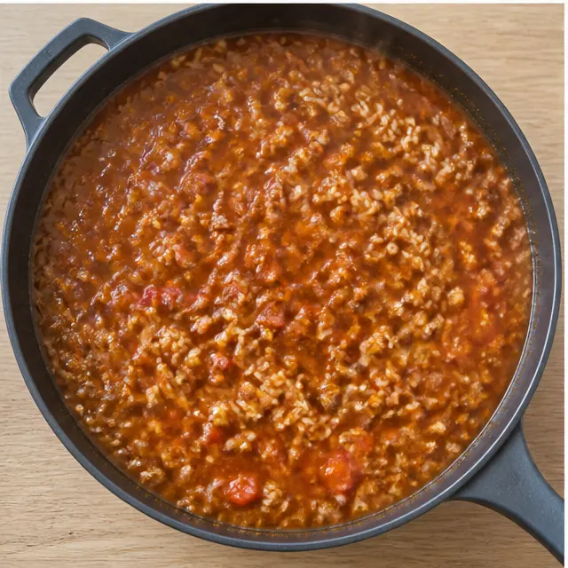 Simmering beef and rice in tomato sauce and broth until liquid absorbs