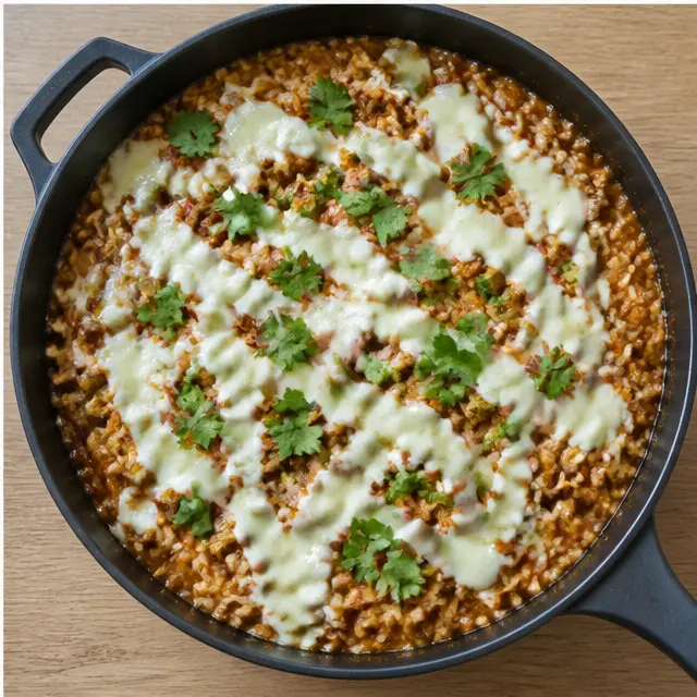 Drizzling warm white queso over the finished skillet with fresh cilantro