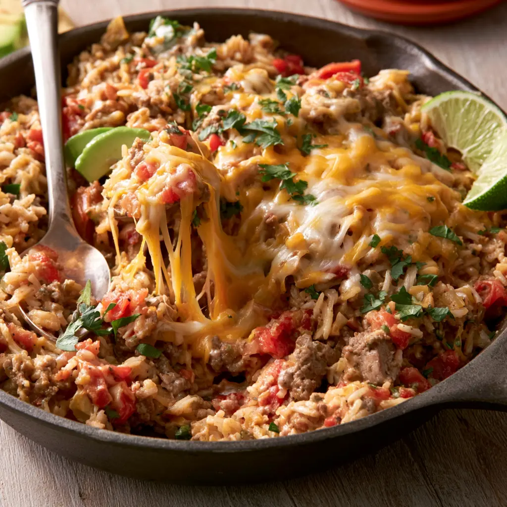 cheesy ground beef and rice skillet - final presentation
