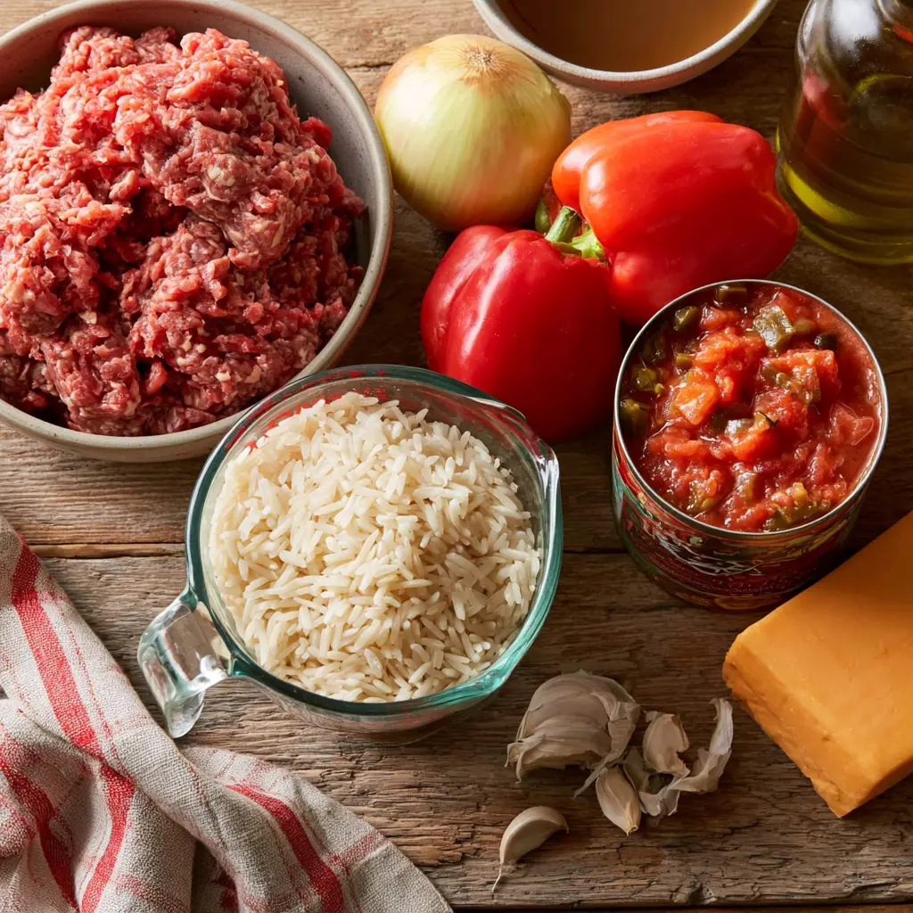 cheesy ground beef and rice skillet - main ingredients