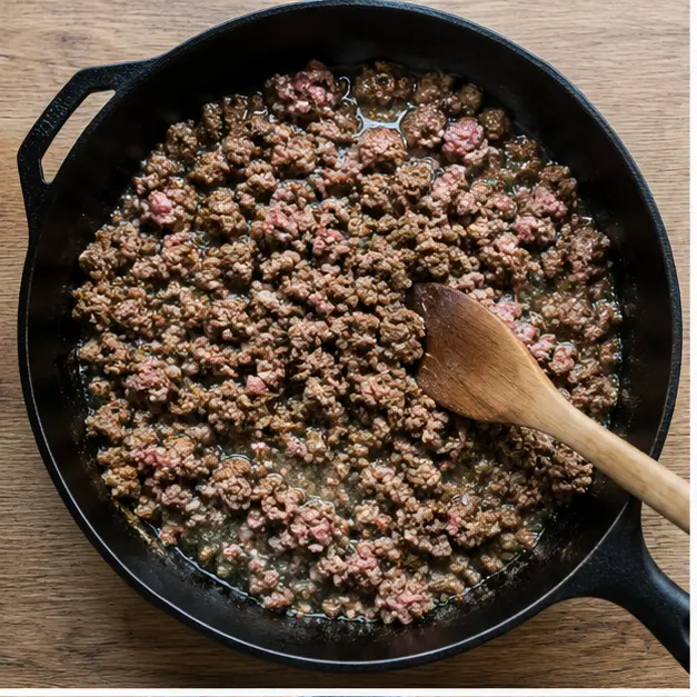 Step 1: Browning ground beef in olive oil in a cast iron skillet