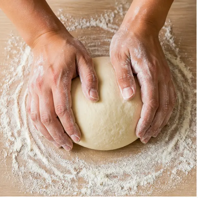 Kneading pizza dough into a smooth elastic ball on a floured surface