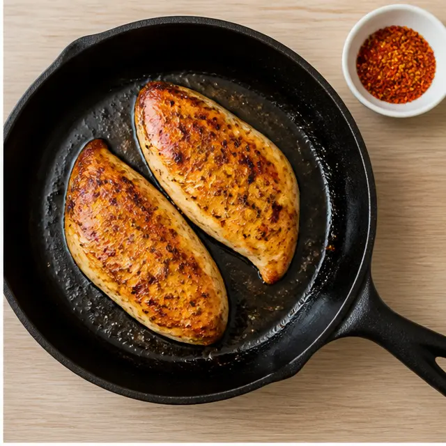 Pan-frying fajita-spiced chicken fillets until golden brown in a skillet