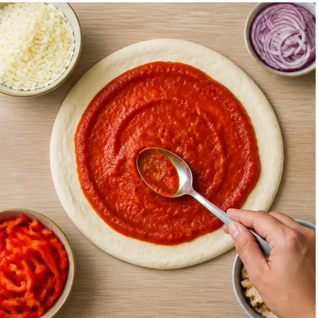 Spreading tomato sauce over the stretched pizza dough leaving a crust border