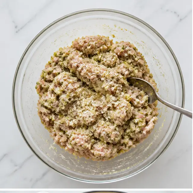 Step 1: Mix the ground chicken with pesto, Parmesan, and panko