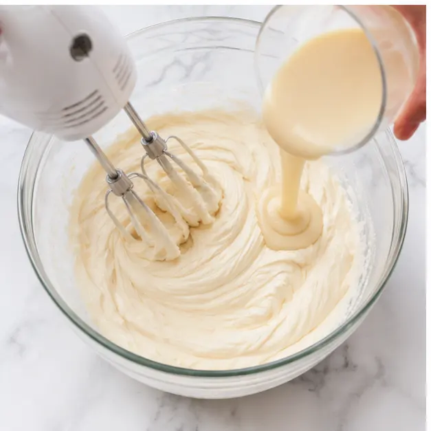 Step 3: Beat cream cheese with condensed milk until silky