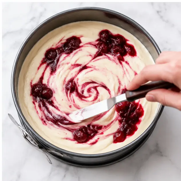 Step 4: Swirl cranberry sauce into the cheesecake batter