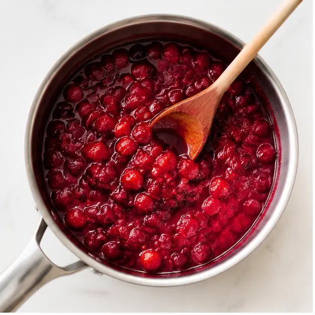 Step 1: Simmering cranberries with sugar and lemon until bursting