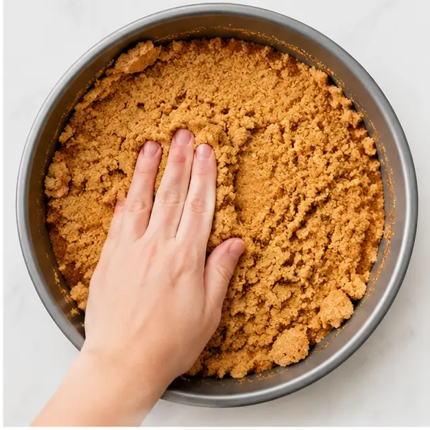 Step 2: Pressing the buttery crumb crust into a metal pie pan