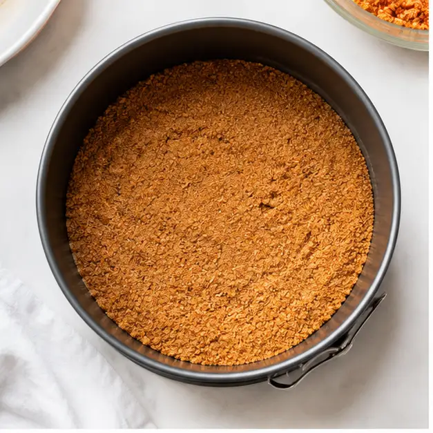 Step 1: Press Biscoff crumbs with melted butter into parchment-lined springform pan