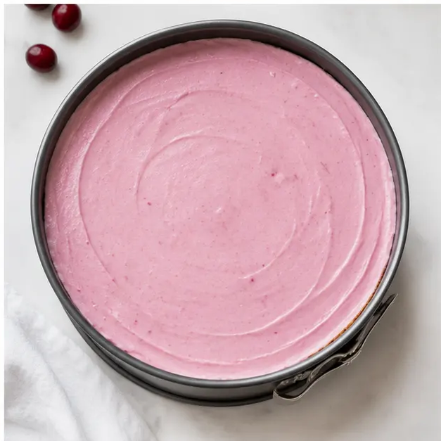 Step 4: Spread cranberry mousse over cheesecake filling and smooth the top
