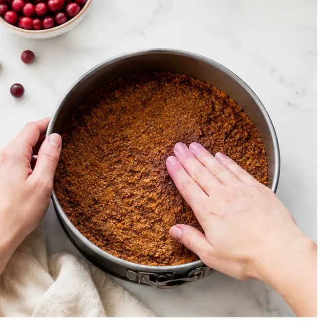 Stage 1: Pressing the buttery gingersnap crust mixture into the springform pan.