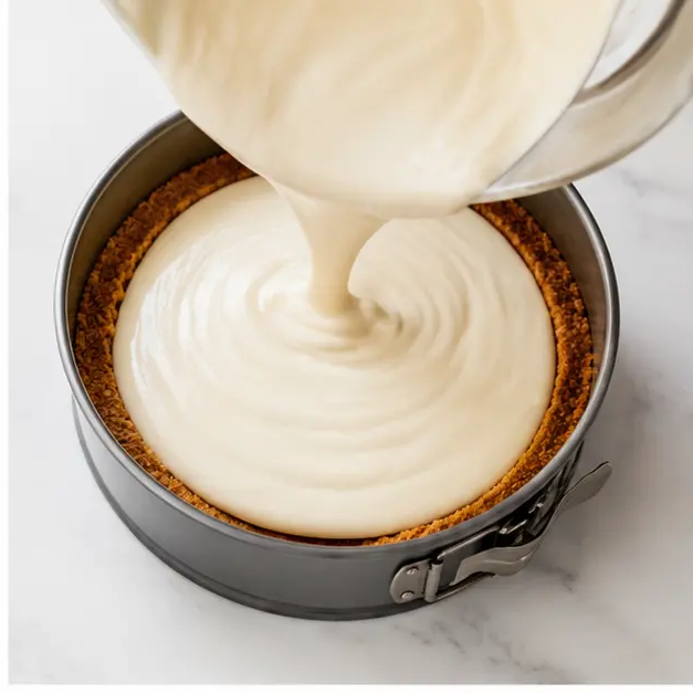Stage 2: Pouring the silky smooth cream cheese filling over the baked crust.