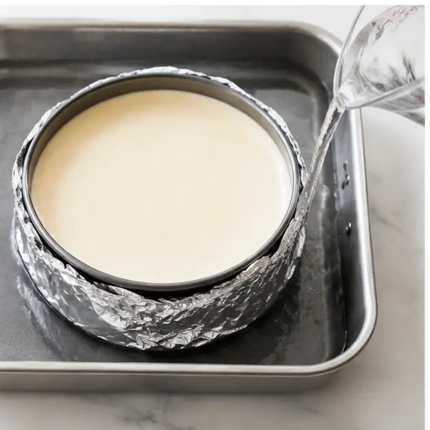 Stage 3: Setting up the water bath with a foil-wrapped springform pan.